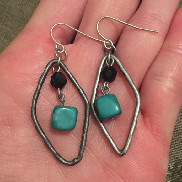 Vintage Turquoise Blue Dangle Bead and Distressed Silver Hook Earrings - Picture 2 of 4